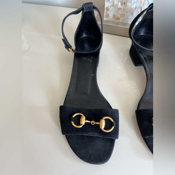 Gucci Shoes Flats Sandals Size 39.5 (US 9.5) Black Suede Leather with Gold Logo - Picture 4 of 15